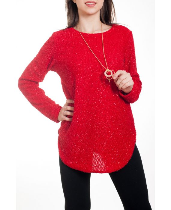 SWEATER GLOSSY EFFECT + NECKLACE 4577 RED