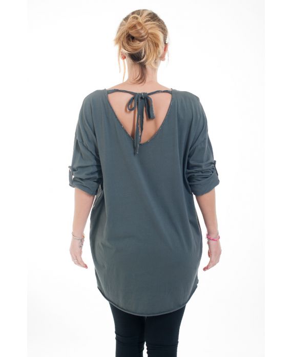 GRANDE TAILLE PULL TUNIQUE DOS A NOUER 4590 GRIS