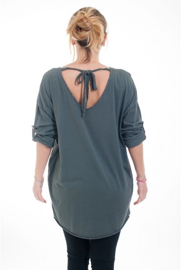 GRANDE TAILLE PULL TUNIQUE DOS A NOUER 4590 GRIS