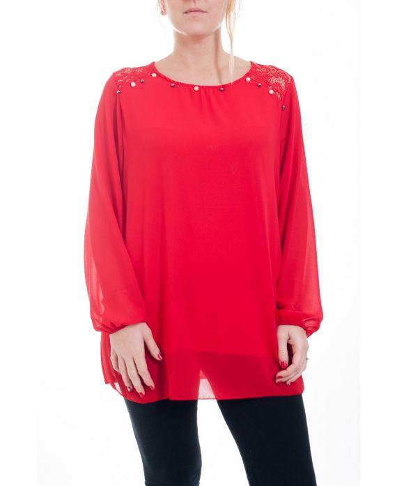 GRAN TAMAÑO DE LA BLUSA DE ENCAJE Y PERLAS 4596 ROJO