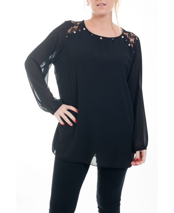 LARGE SIZE BLOUSE LACE AND PEARLS 4596 BLACK