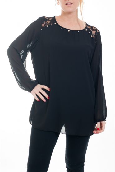 GROOT FORMAAT BLOUSE KANT EN PARELS 4596 ZWART