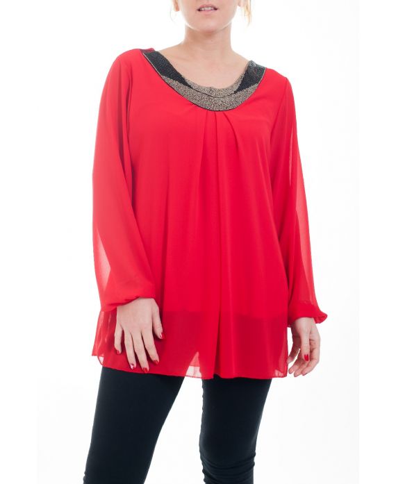 GRANDE TAILLE BLOUSE ENCOLURE FANTAISIE 4593 ROUGE