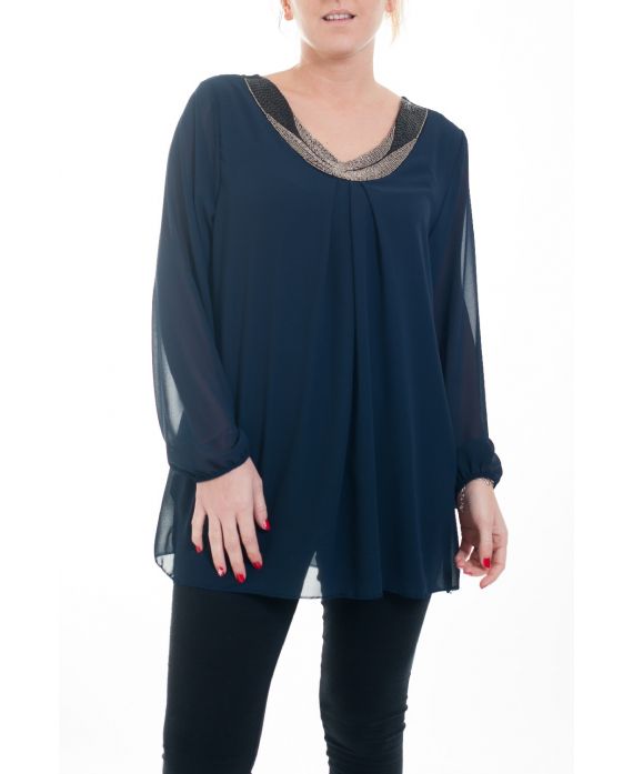 GRANDE TAILLE BLOUSE ENCOLURE FANTAISIE 4593 MARINE