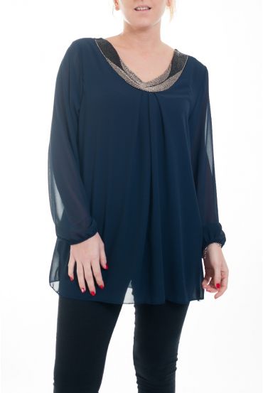 GRANDE TAILLE BLOUSE ENCOLURE FANTAISIE 4593 MARINE