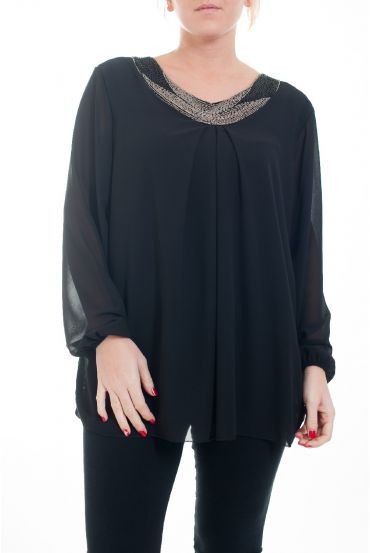 GRANDE TAILLE BLOUSE ENCOLURE FANTAISIE 4593 NOIR