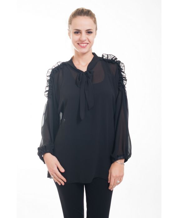 BLOUSE HEEFT EEN V-HALS HEEFT TIE 4610 ZWART