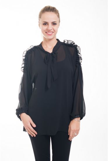 BLOUSE HEEFT EEN V-HALS HEEFT TIE 4610 ZWART