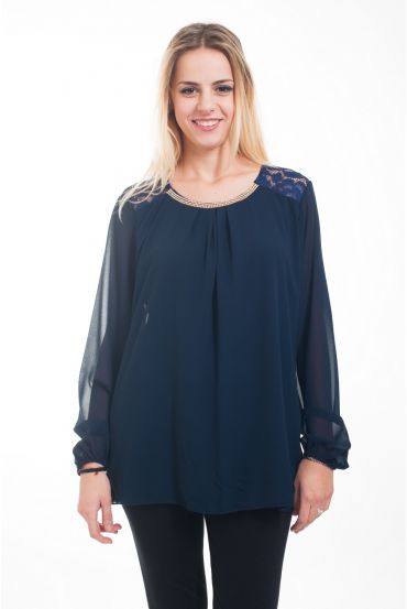 TUNIC RHINESTONE & LACE 4611 NAVY