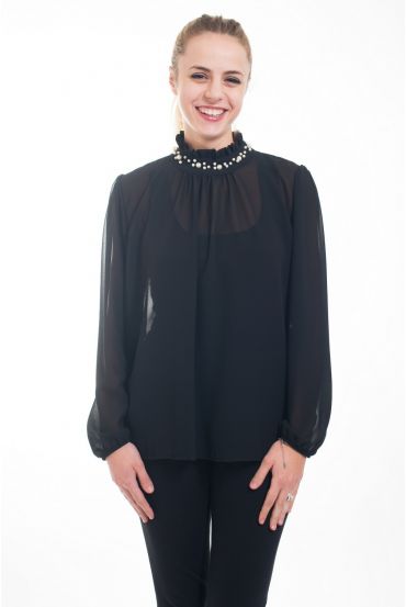 BLOUSE ENCOLURE PERLES 4616 NOIR