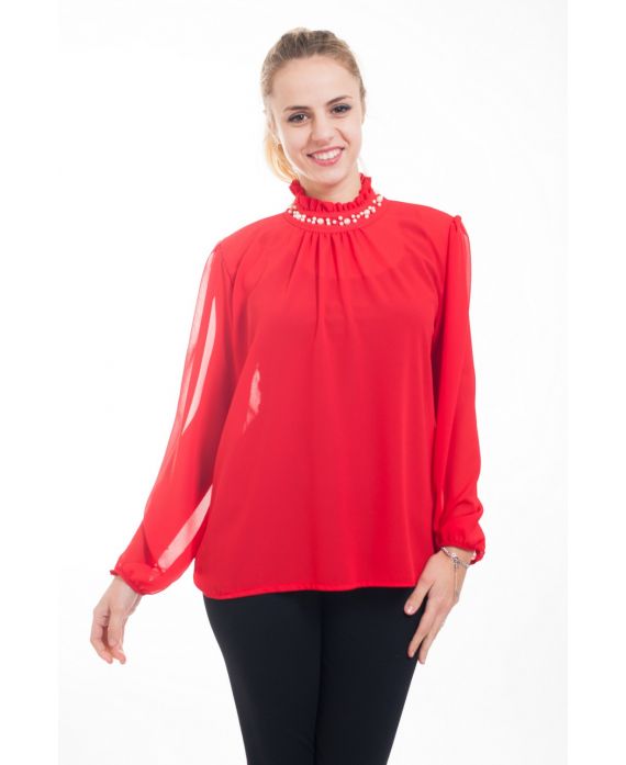 BLOUSE ENCOLURE PERLES 4616 ROUGE