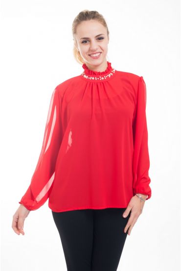 BLOUSE ENCOLURE PERLES 4616 ROUGE