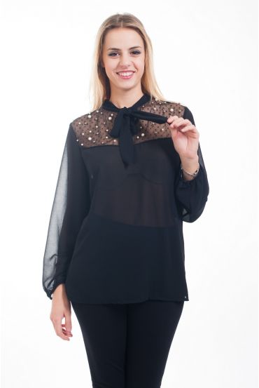 BLUSA CON CUENTAS DE LAZO 4633 NEGRO