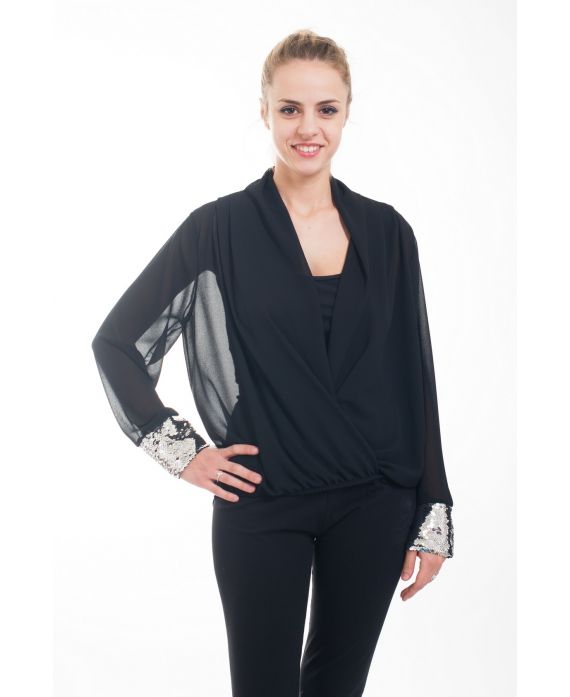 BLOUSE DRAPEE BASE PAILLETTES 4622 NOIR