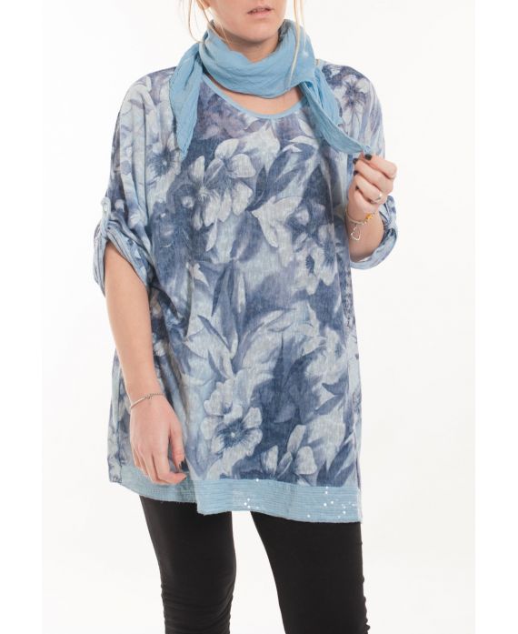 GRANDE TAILLE T-SHIRT + FOULARD 5057 BLEU