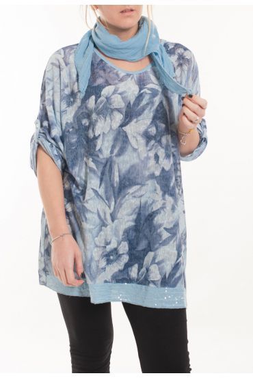 GRANDE TAILLE T-SHIRT + FOULARD 5057 BLEU