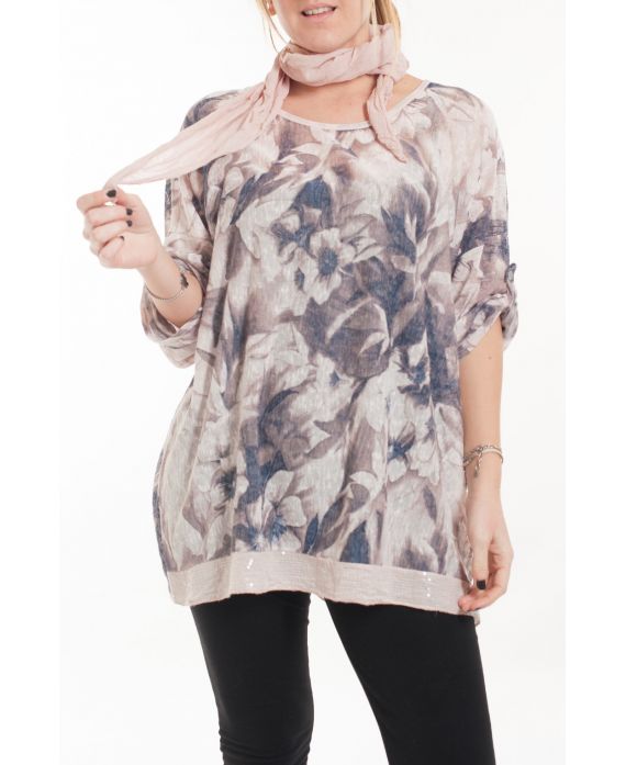 GRANDE TAILLE T-SHIRT + FOULARD 5057 ROSE