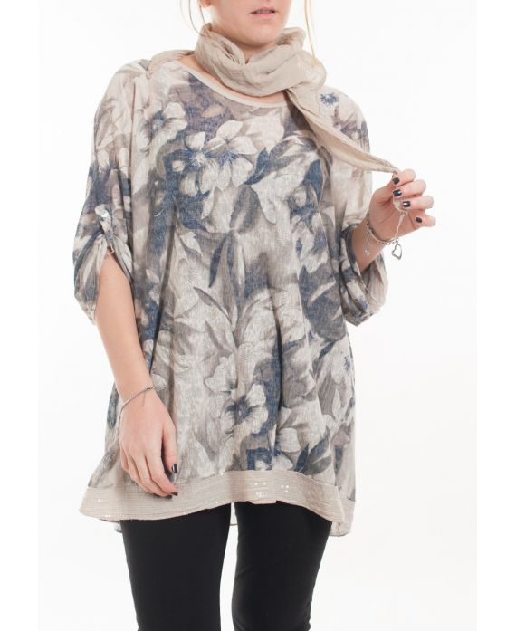 LARGE SIZE T-SHIRT + SCARF 5057 TAUPE
