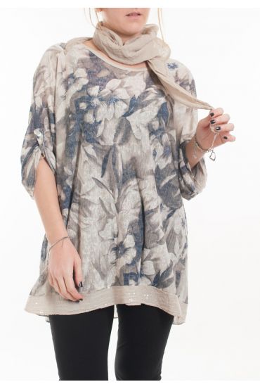 LARGE SIZE T-SHIRT + SCARF 5057 TAUPE