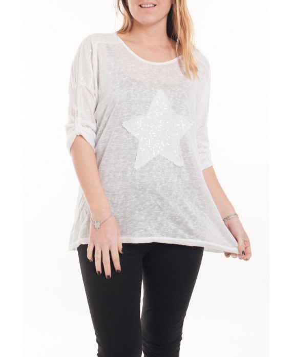 LARGE SIZE T-SHIRT STAR SEQUIN 5058 WHITE