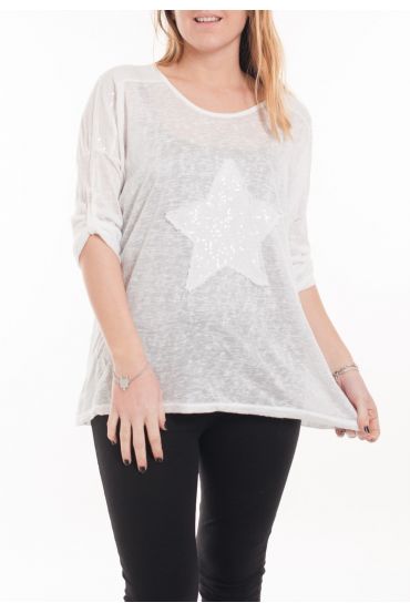 DI GRANDI DIMENSIONI T-SHIRT STAR PAILLETTES 5058 BIANCO