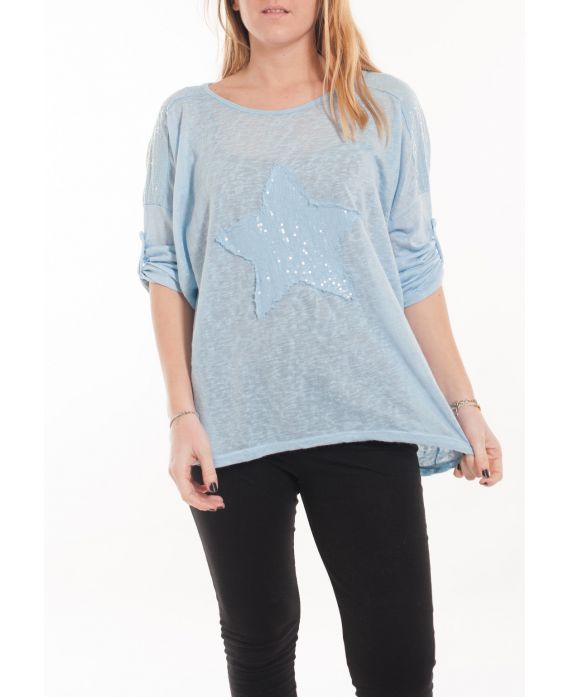 GRANDE TAILLE T-SHIRT ETOILE PAILLETTES 5058 BLEU