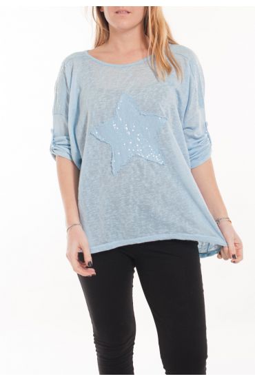 LARGE SIZE T-SHIRT STAR SEQUIN 5058 BLUE