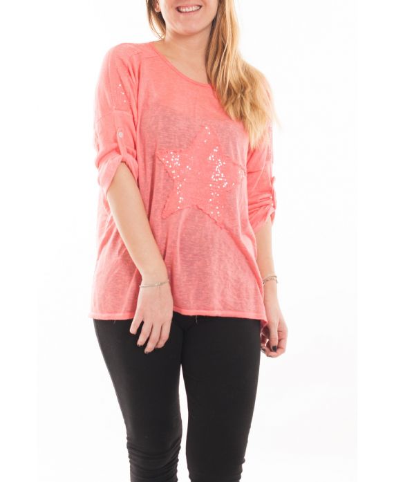 LARGE SIZE T-SHIRT STAR SEQUIN 5058 CORAL