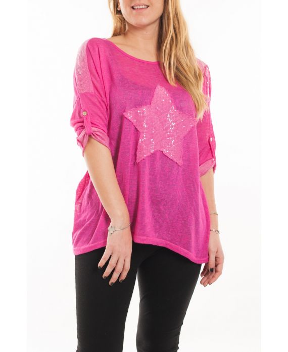 GROßE GRÖßE T-SHIRT STERN PAILLETTEN 5058 FUSHIA