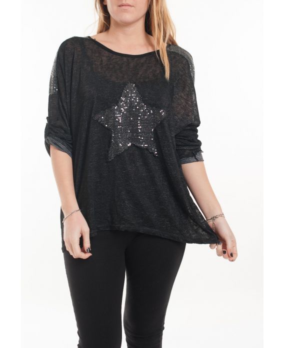 DI GRANDI DIMENSIONI T-SHIRT STAR PAILLETTES 5058 NERO