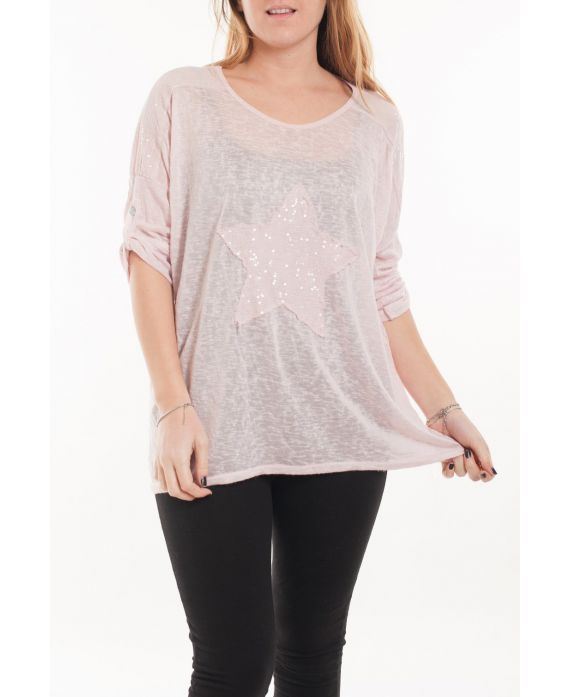 GRANDE TAILLE T-SHIRT ETOILE PAILLETTES 5058 ROSE