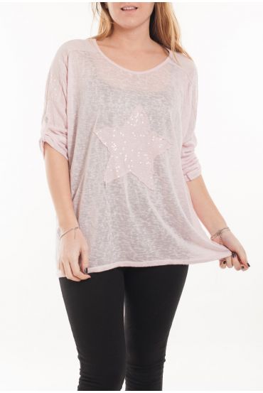 LARGE SIZE T-SHIRT STAR SEQUIN 5058 ROSE