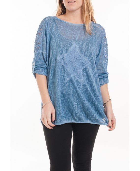 GRANDE TAILLE T-SHIRT EMPIECEMENT DENTELLE 5060 BLEU