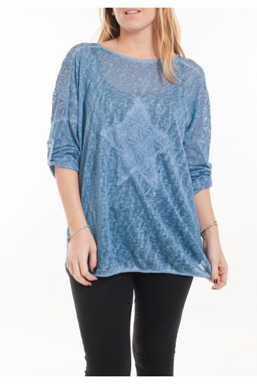 GRANDE TAILLE T-SHIRT EMPIECEMENT DENTELLE 5060 BLEU