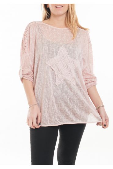 GRANDE TAILLE T-SHIRT EMPIECEMENT DENTELLE 5060 ROSE