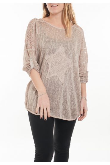 GRANDE TAILLE T-SHIRT EMPIECEMENT DENTELLE 5060 TAUPE