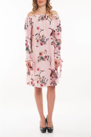 ROBE EPAULES DENUDEES FLEURS 5064 ROSE