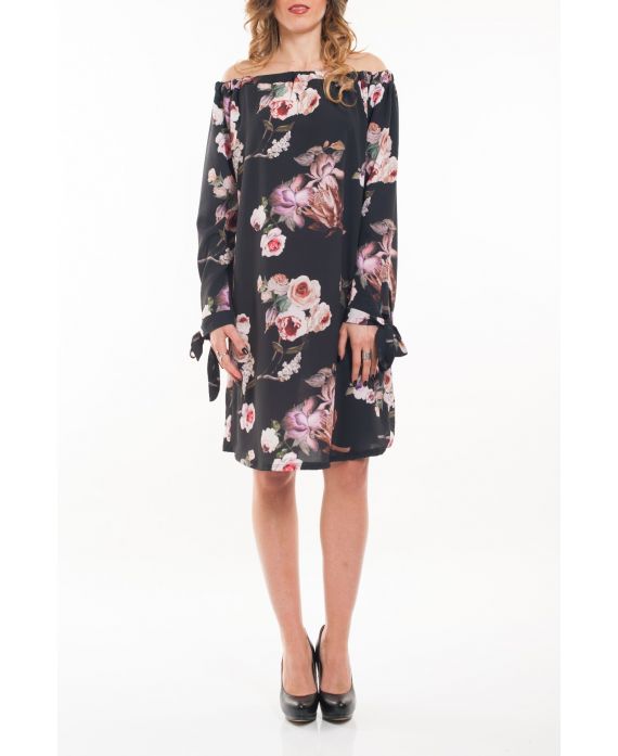 ROBE EPAULES DENUDEES FLEURS 5064 NOIR