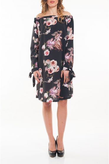 ROBE EPAULES DENUDEES FLEURS 5064 NOIR