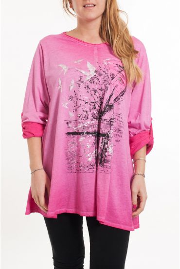 GRANDE TAILLE T-SHIRT FLOCAGE 5079 FUSHIA