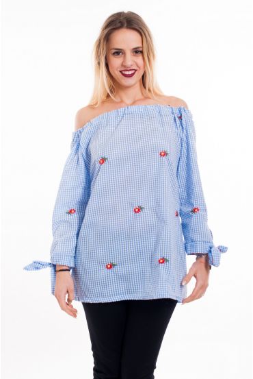 TUNIC EMBROIDERY SHOULDERS DENUDEES 5076 BLUE