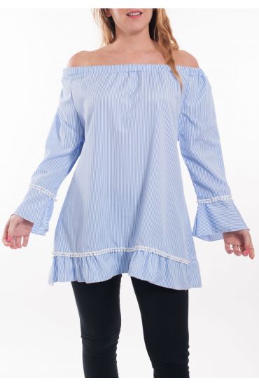 LARGE SIZE TUNIC RAYEE SHOULDERS DENUDEES 6068 BLUE