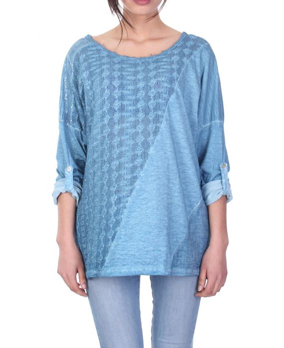 T-SHIRT MIX MATERIAL BLUE S7042