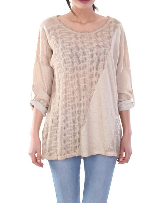 T-SHIRT MIX MATERIAL BEIGE S7042