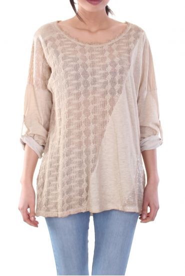 T-SHIRT MIX MATERIAL BEIGE S7042