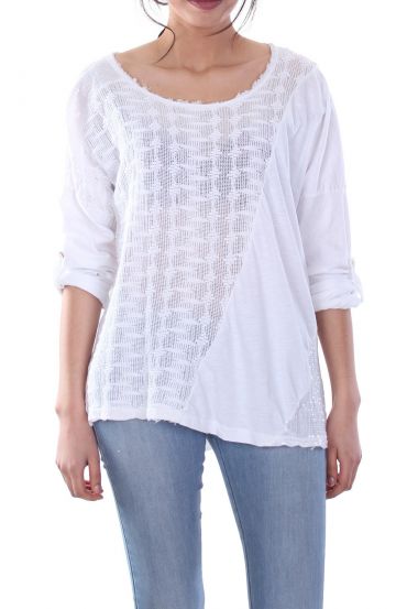 T-SHIRT MIX MATIERES BLANC S7042