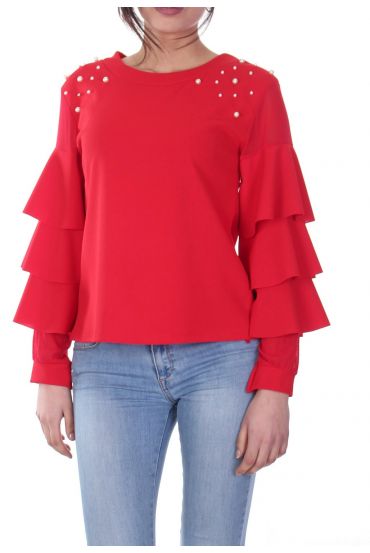 BLOUSE HAS RUFFLES BEADS 7026 RED