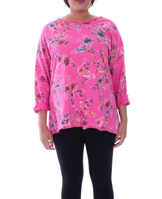 LARGE SIZE T-SHIRT PRINT FLOWERS 6069 FUSHIA