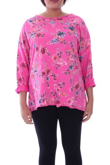 LARGE SIZE T-SHIRT PRINT FLOWERS 6069 FUSHIA