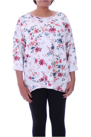 LARGE SIZE T-SHIRT PRINT FLOWERS 6069 WHITE